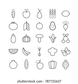 Set of vector line fruits and vegetables icons for web design