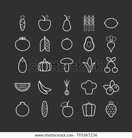 Set of vector line fruits and vegetables icons for web design
