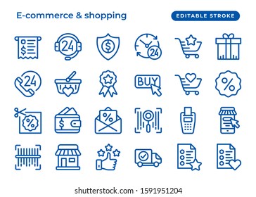 Set of vector line icon, e-commerce and shopping, classic blue. Contain such as online payment, discount coupon, free shipping. Editable Stroke. Simple set icons for website, ui and presentation