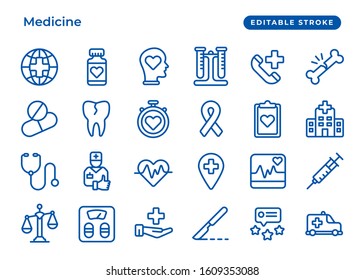 Set of vector line icon, health and medical care, classic blue. Contain such as antibiotic, stethoscope, pharmaceutical pictogram. Editable Stroke. Simple set icons for website, ui and presentation
