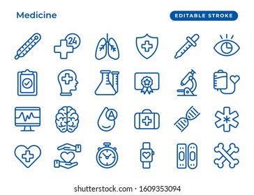 Set of vector line icon, health and medical care, classic blue. Contain such as ambulance, medicament, pharmaceutical pictogram. Editable Stroke. Simple set icons for website, ui and presentation
