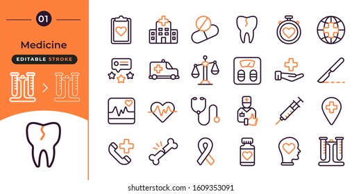 Set of vector line icon, hospital and medicine. Contain such as effervescent pills, pharmaceutical pictogram. Editable Stroke. Simple set icons for website, ui and presentation