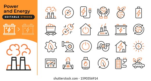 Set of vector line icon, industries energy. Contain such as gasoline, ecological fuel, electricity, factory. Editable Stroke. Simple set icons for website, banner, ui and presentation.