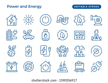 Set of vector line icon, industries energy, classic blue. Contain such as gasoline, ecological fuel, electricity, factory. Editable Stroke. Simple set icons for website, banner, ui and presentation.