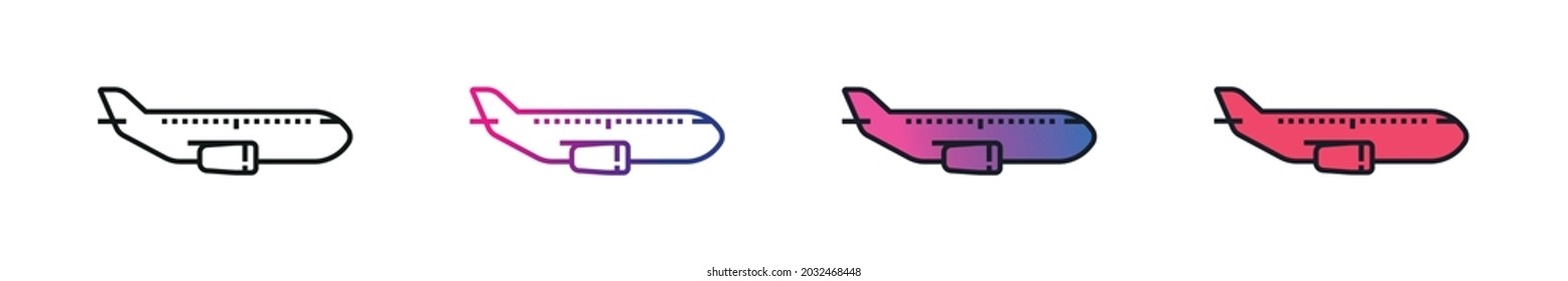 Set of Vector line icon of a plane during a flight to a wonderful place of destination isolated