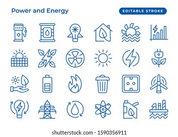 Set of vector line icon, power and energy, classic blue. Contain such as energy efficiency, power station, electricity. Editable Stroke. Simple set icons for website, banner, ui and presentation.