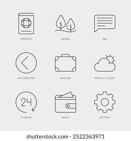 Set of Vector Line Icons for 24 Hours, Wallet, Settings and more. Editable collection of 9 Airline Outline Icons.