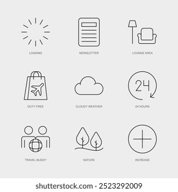 Conjunto de iconos de línea de Vector para 24 horas, compañero de viaje, Naturaleza y más. Colección editable de 9 iconos de líneas aéreas.