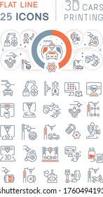 Set of vector line icons of 3D Cars Printing for modern concepts, web and apps.