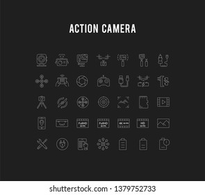 Set vector line icons action camera and drone in flat design with elements for mobile concepts and web apps. Collection modern infographic logo and pictogram.