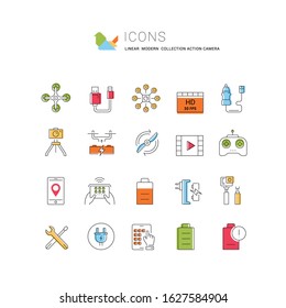 Set vector line icons action camera and drone in flat design with elements for mobile concepts and web apps. Collection modern infographic logo and pictogram.