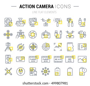 Set vector line icons action camera and drone in flat design with elements for mobile concepts and web apps. Collection modern infographic logo and pictogram.