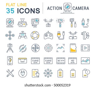 Set vector line icons action camera and drone in flat design with elements for mobile concepts and web apps. Collection modern infographic logo and pictogram.