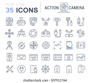 Set vector line icons action camera and drone in flat design with elements for mobile concepts and web apps. Collection modern infographic logo and pictogram.