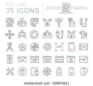 Set vector line icons action camera and drone in flat design with elements for mobile concepts and web apps. Collection modern infographic logo and pictogram.