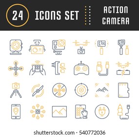 Set vector line icons action camera and drone in flat design with elements for mobile concepts and web apps. Collection modern infographic logo and pictogram.
