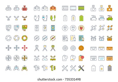 Set vector line icons action camera and drone in flat design with elements for mobile concepts and web apps. Collection modern infographic logo and pictogram.