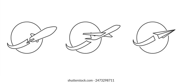 Set of vector line icons of airplanes, containing symbols for rocket, airplane, flying paper plane and globe, Plans icon vector illustration in transparent background. editable stroke, eps10