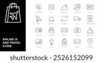 Set of Vector Line Icons for Around World, Flight Gate, Trolley and more. Editable collection of 20 Airline Outline Icons.