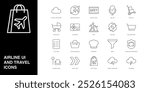 Set of Vector Line Icons for Around World, Flight Gate, Mic On and more. Editable collection of 20 Airline Outline Icons.