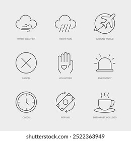 Set of Vector Line Icons for Around World, Cancel, Volunteer and more. Editable collection of 9 Airline Outline Icons.