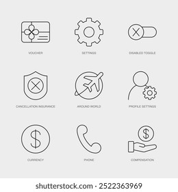 Set von Vektorlinien-Symbolen für "Around World", Profileinstellungen, Währung und mehr. Editierbare Sammlung von 9 Airline Outline Icons.