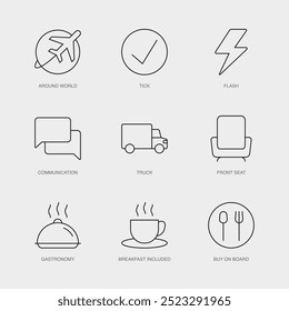 Conjunto de ícones de linha vetorial para Around World, Tick, Flash e muito mais. Coleção editável de 9 ícones de contorno de linha aérea.