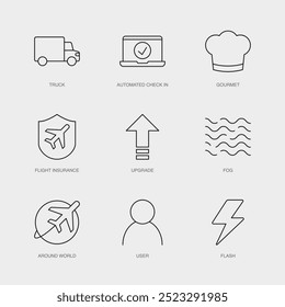 Conjunto de iconos de línea de Vector para todo el mundo, usuario, flash y más. Colección editable de 9 iconos de líneas aéreas.