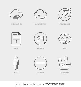 Set of Vector Line Icons for Around World, Claim, 24 Hours and more. Editable collection of 9 Airline Outline Icons.