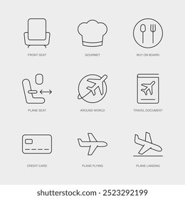 Set of Vector Line Icons for Around World, Travel Document, Credit Card and more. Editable collection of 9 Airline Outline Icons.
