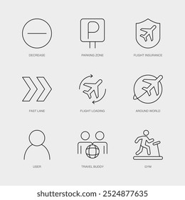 Set von Vektorlinien-Symbolen für Around World, User, Travel Buddy und mehr. Editierbare Sammlung von 9 Airline Outline Icons.
