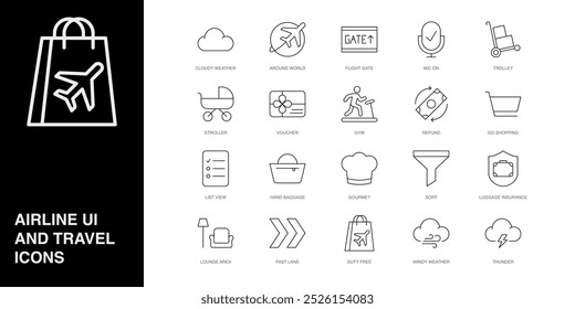 Set of Vector Line Icons for Around World, Flight Gate, Mic On and more. Editable collection of 20 Airline Outline Icons.