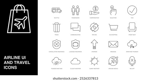Set of Vector Line Icons for Around World, Mic Off, Shuttle and more. Editable collection of 20 Airline Outline Icons.