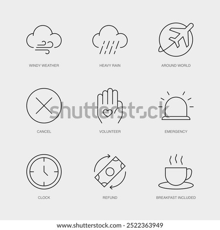 Set of Vector Line Icons for Around World, Cancel, Volunteer and more. Editable collection of 9 Airline Outline Icons.