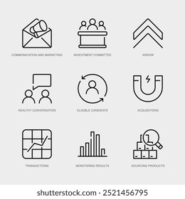 Set of Vector Line Icons for Arrow, Healthy Conversation, Eligible Candidate and more. Collection of 9 Business Management App Outline Icons.