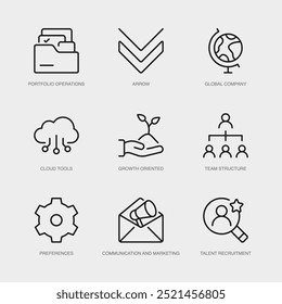 Conjunto de ícones de linha vetorial para seta, empresa global, ferramentas de nuvem e muito mais. Coleção de 9 Ícones de Estrutura de Tópicos de Aplicativo de Gerenciamento de Negócios.