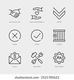 Conjunto de iconos de línea de Vector para flecha, cancelar, comprobar y más. Colección de 9 iconos de esquema de App de gestión empresarial.