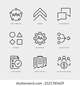 Satz von Vektorlinien-Symbolen für Pfeil, Unterhaltung, Vielfalt und mehr. Sammlung von 9 Business Management App Outline Icons.