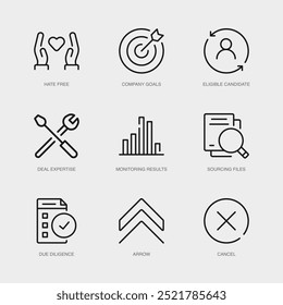 Conjunto de Ícones de Linha Vetorial para Seta, Cancelar, Hate Free e mais. Coleção de 9 Ícones de Estrutura de Tópicos de Aplicativo de Gerenciamento de Negócios.