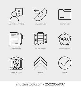 Set of Vector Line Icons for Arrow, Check, Salary Expectations and more. Collection of 9 Business Management App Outline Icons.