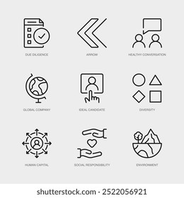 Conjunto de iconos de línea de Vector para flecha, conversación saludable, empresa global y más. Colección de 9 iconos de esquema de App de gestión empresarial.