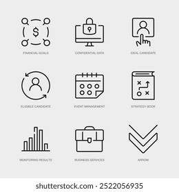 Set of Vector Line Icons for Arrow, Financial Goals, Confidential Data and more. Collection of 9 Business Management App Outline Icons.