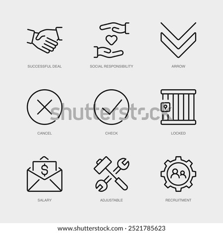 Set of Vector Line Icons for Arrow, Cancel, Check and more. Collection of 9 Business Management App Outline Icons.