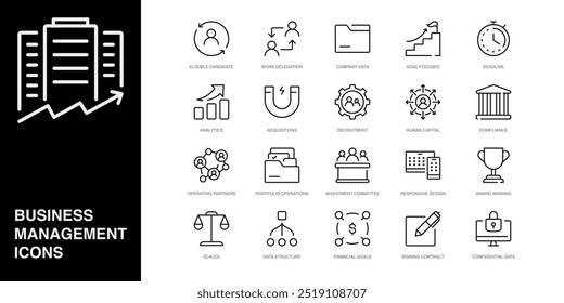 Set of Vector Line Icons for Award Winning, Scales, Data Structure and more. Collection of 20 Business Management App Outline Icons.