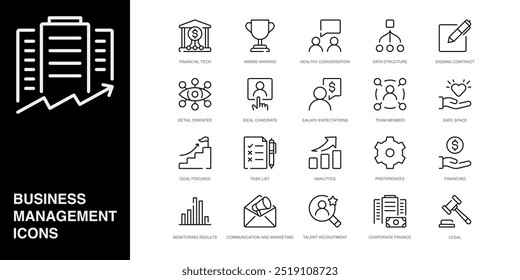 Set of Vector Line Icons for Award Winning, Healthy Conversation, Data Structure and more. Collection of 20 Business Management App Outline Icons.
