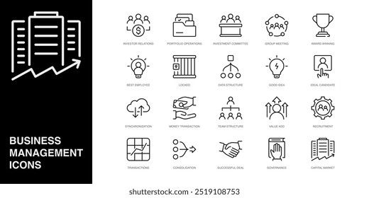 Set of Vector Line Icons for Award Winning, Best Employee, Locked and more. Collection of 20  Business Management App Outline Icons.