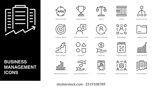 Conjunto de iconos de línea de Vector para ganar premios, escalas, bloqueado y más. Colección de 20 iconos de esquema de App de gestión empresarial.