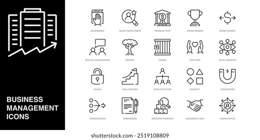 Set of Vector Line Icons for Award Winning, Money Source, Healthy Conversation and more. Collection of 20 Business Management App Outline Icons.