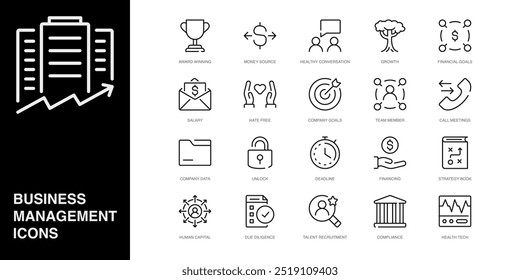 Set of Vector Line Icons for Award Winning, Money Source, Healthy Conversation and more. Collection of 20 Business Management App Outline Icons.