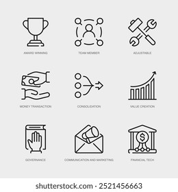 Conjunto de ícones de linha vetorial para premiação, membro da equipe, ajustável e muito mais. Coleção de 9 Ícones de Estrutura de Tópicos de Aplicativo de Gerenciamento de Negócios.